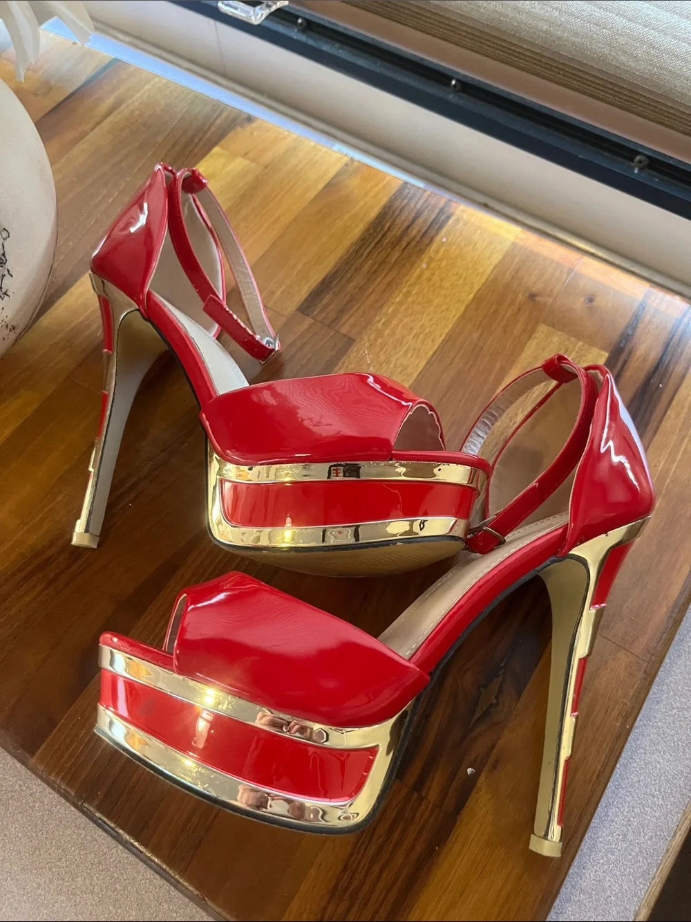 Sexy Red Patent Peep-Toe Ankle Strap Heels -